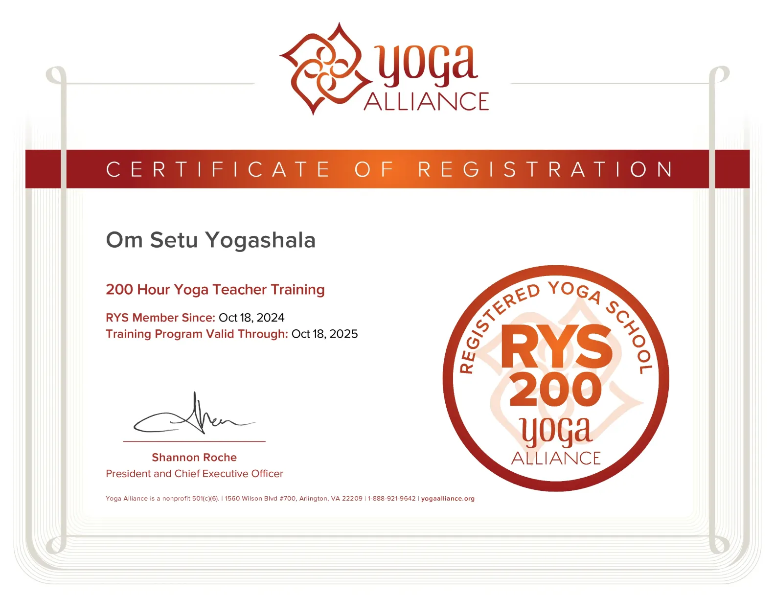 200 Hour Yoga Alliance Certificate