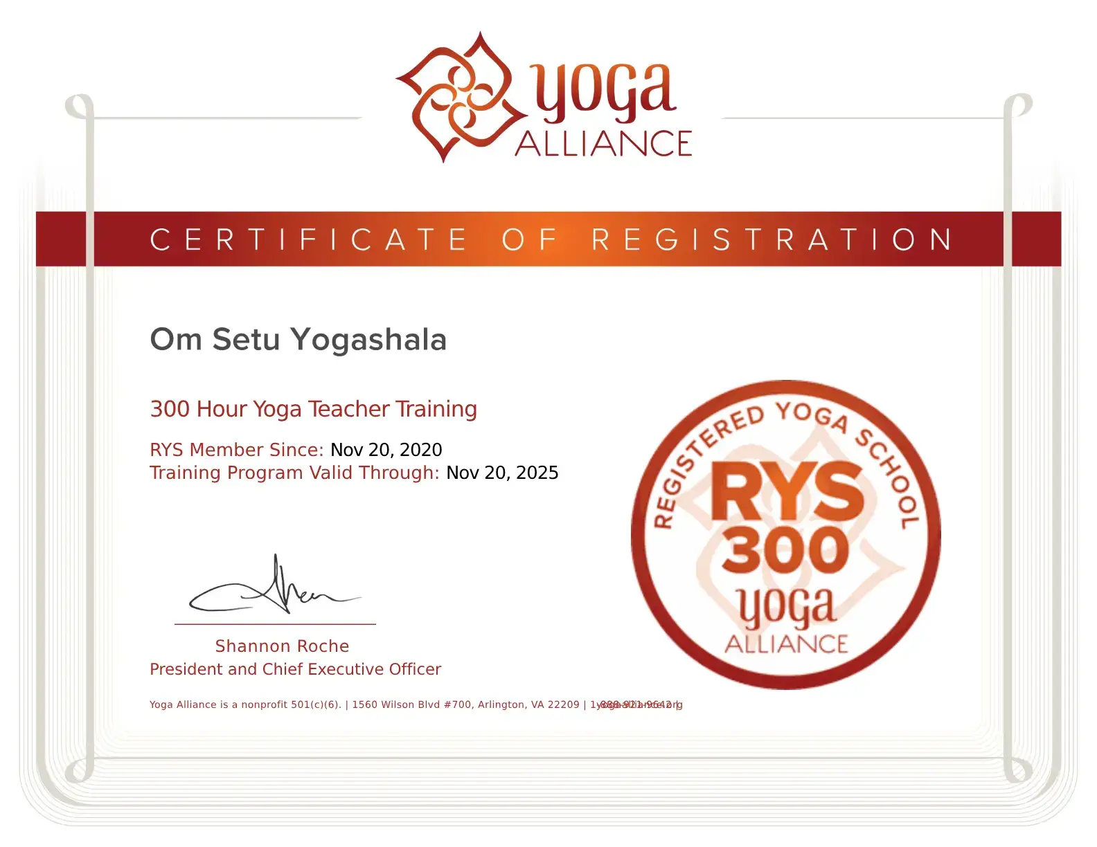 300 Hour Yoga Alliance Certificate